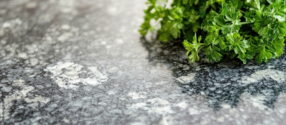 Aufkleber freshly chopped parsley on a dark granite countertop with smooth texture and copy space for text pla