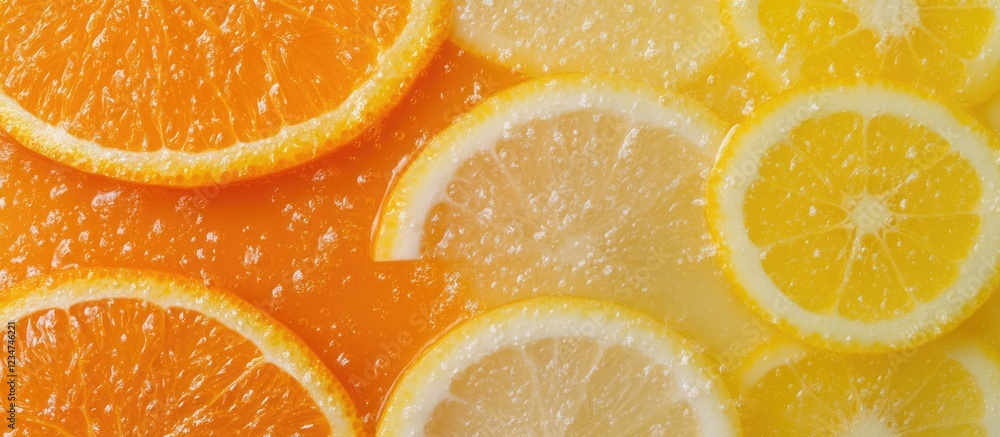Poster slices of oranges and lemons arranged on a flat surface with vibrant colors and textures, copy space