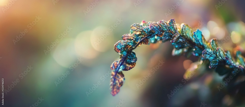 Poster close-up of colorful dew-covered leaves with blurred background and bokeh effect copy space