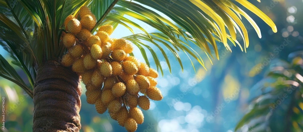 Poster cluster of ripe yellow dates hanging from a palm tree with lush green foliage and soft background li