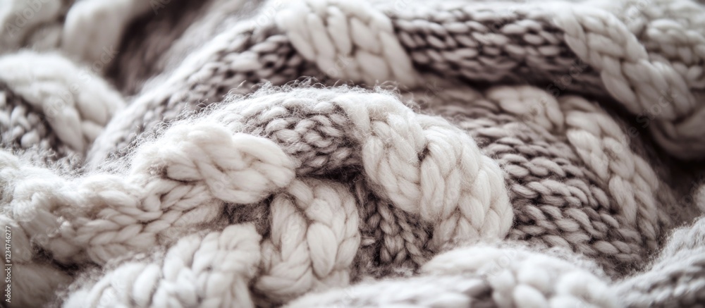 Poster close-up of a textured knitted blanket featuring intricate cable patterns in soft neutral tones with