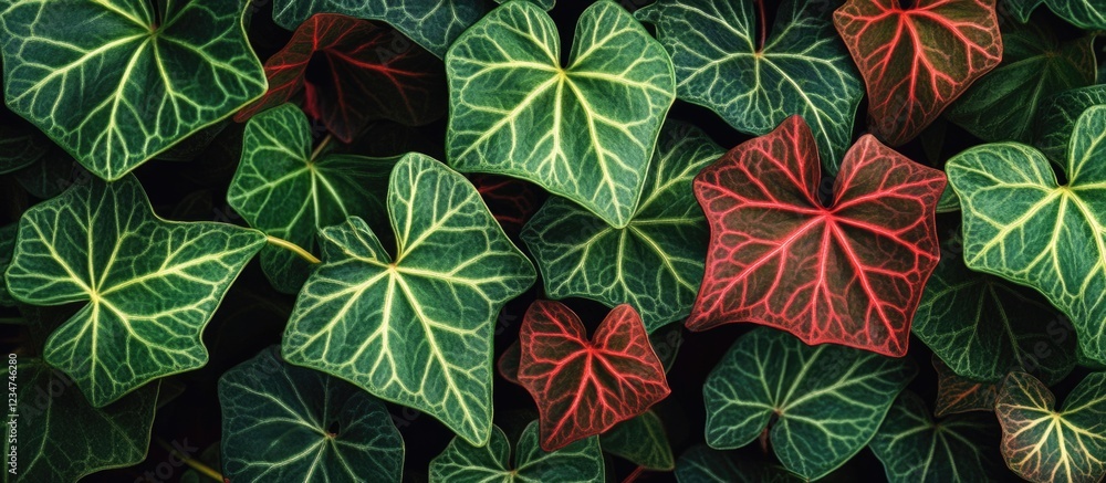 Poster diverse ivy leaves pattern with green and red variegation on dark background copy space