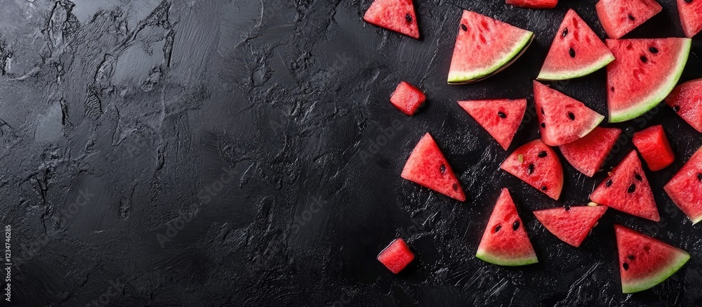 Aufkleber sliced watermelon pieces arranged on a dark textured background with copy space for text