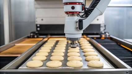 In a modern food processing facility, a robotic arm efficiently handles freshly baked cookies on a conveyor belt, demonstrating the automation of baking processes