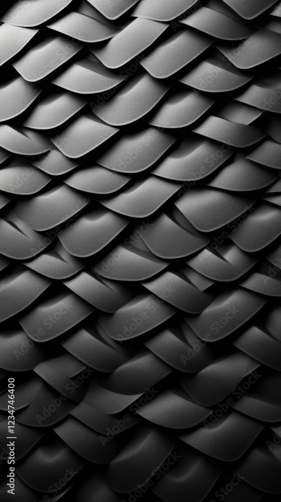 Poster textured black scales creating a visually striking pattern on a surface with depth and contrast