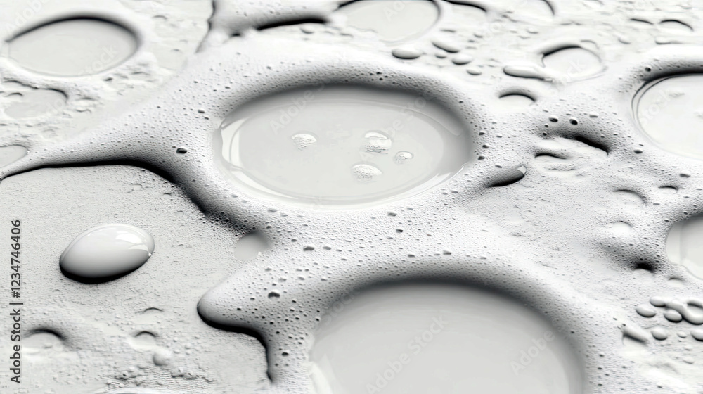 Aufkleber Milk Droplets Create an Abstract Pattern on a Smooth White Surface in a Close-Up Capture