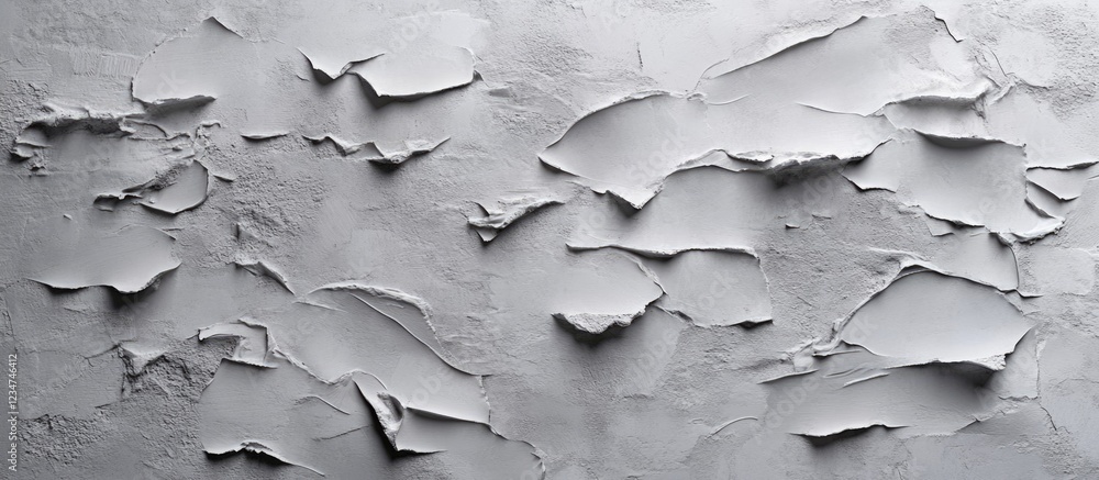 Poster textured wall with peeling white paint on a gray background with ample copy space for text placement
