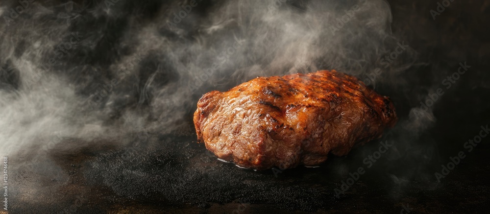 Poster smoky grilled steak on a dark surface with steam rising; copy space available for text placement.