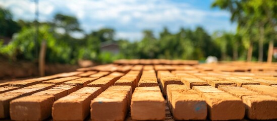 Stacked clay bricks on wooden pallets against a blurred outdoor background with natural lighting and copy space for text.