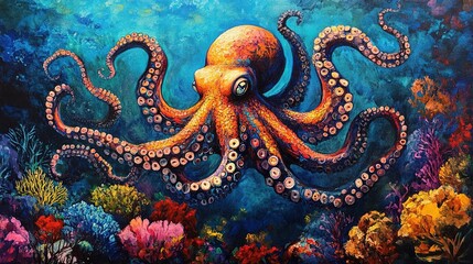 Obraz premium A vibrant and colorful octopus gracefully swimming amidst the coral reefs of an underwater world, its tentacles elegantly swaying in harmony with the marine life. 