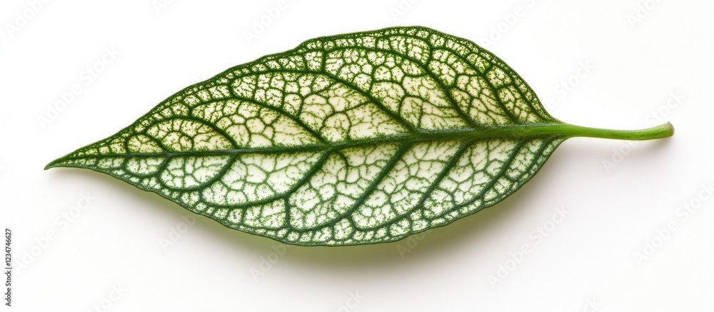 Poster green leaf with intricate vein patterns on a white background copy space