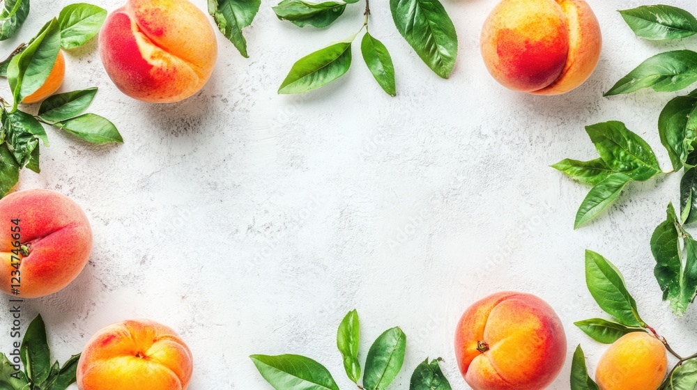 Poster Peaches and green leaves arranged in a circular pattern on a light textured background with Copy Space for text insertion