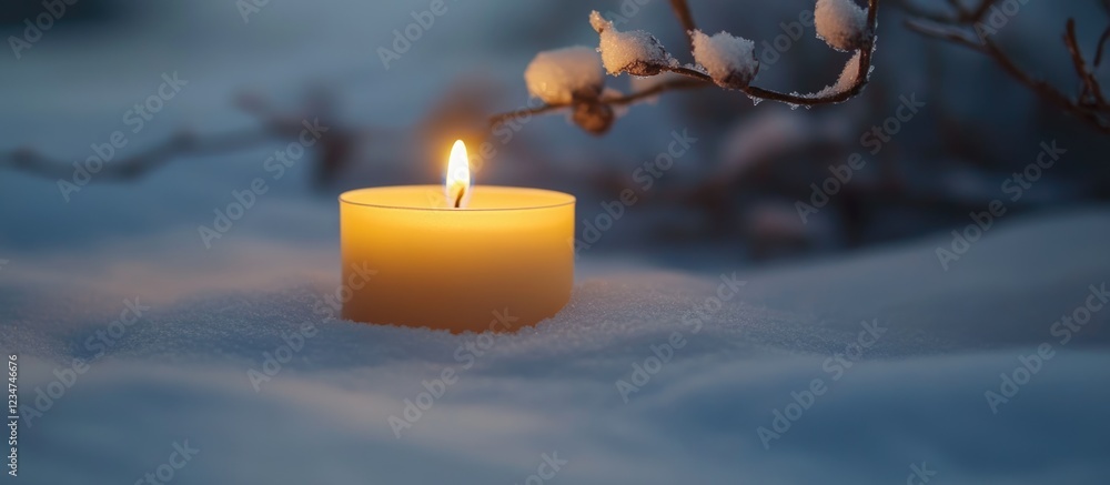 Aufkleber candle glowing in snow during winter with branches in background and copy space for text
