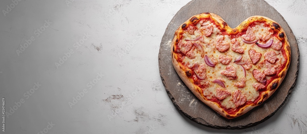 Aufkleber Heart-shaped pizza on a stone surface with toppings and copy space on the left side for text placement.