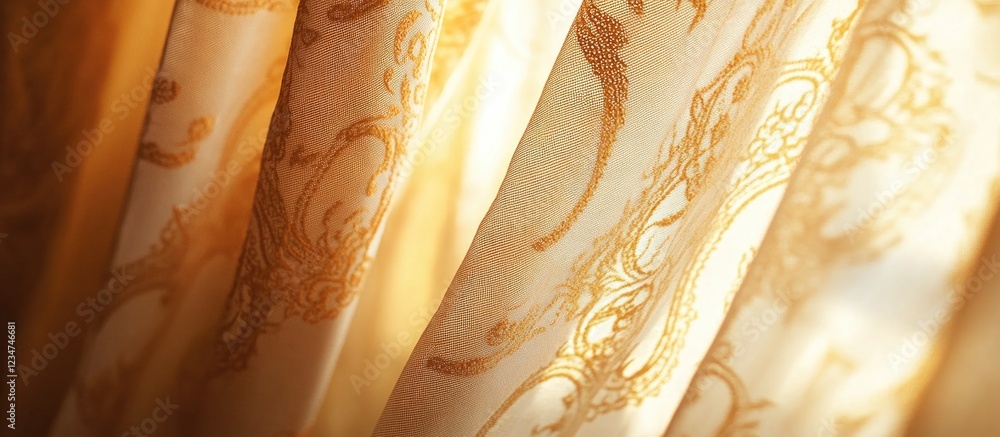 Poster golden sheer curtains with intricate patterns illuminated by soft light providing a warm ambiance an