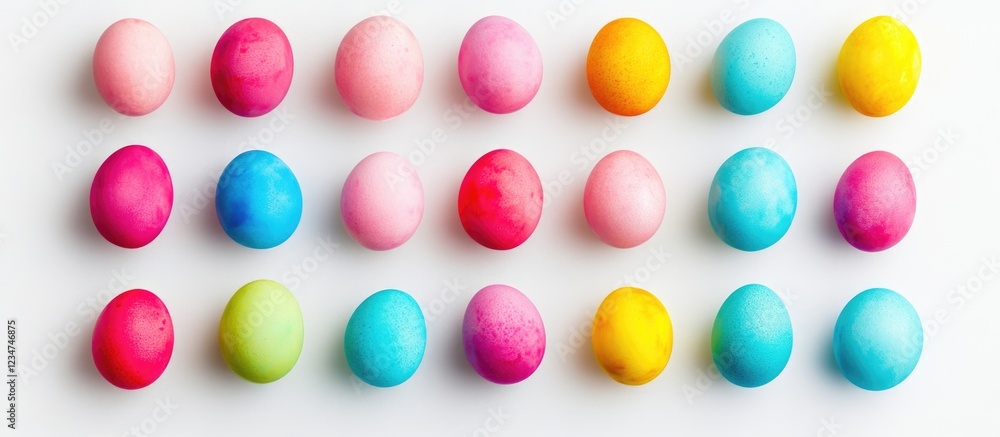 Poster colorful easter eggs arranged in a grid pattern on a white background with copy space for text.
