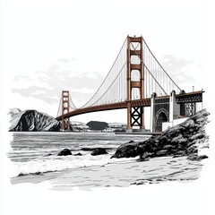 Golden Gate Bridge sketch, coastal view, travel postcard © Erisna Yolanda