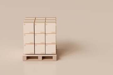 3d Stack of cardboard boxes on wooden pallet icon. Transportation cargo concept. logistic and Warehouse concept. Cartoon Wooden pallet. Isolated on transparent brown background. 3d render illustration