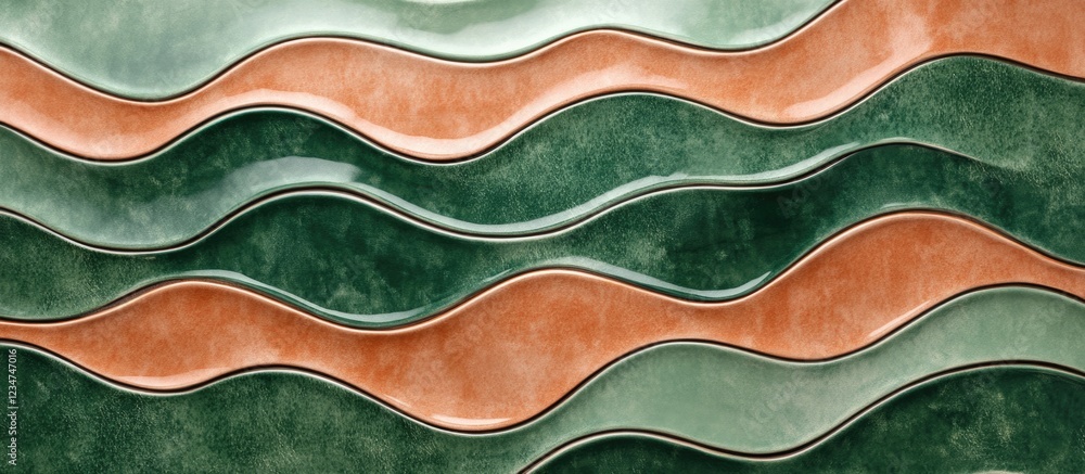 Poster textured abstract background with wavy patterns in green and copper tones featuring copy space for d