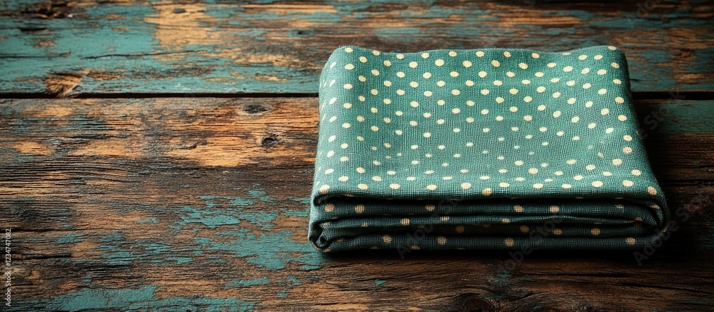 Aufkleber folded green fabric with white polka dots on rustic wooden surface with visible grain and texture co