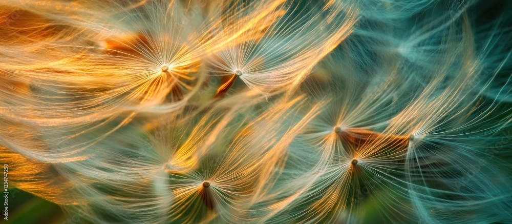 Poster abstract close-up of colorful dandelion seeds with soft focus and light trails copy space