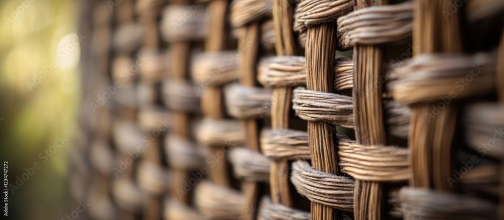 Poster close-up of intricately woven natural fiber texture with soft focus background and ample copy space 