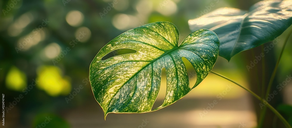 Poster close-up of monstera leaf with light shining through, showcasing intricate veining and texture, blur