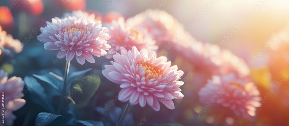 Poster soft focus view of pink chrysanthemums in a garden with sunlight creating a warm glow and copy space