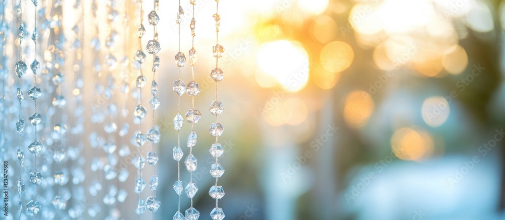 Poster blurry background with crystal beads in foreground illuminated by sunlight with natural bokeh effect