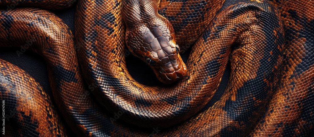 Poster close-up view of a coiled boa constrictor snake displaying detailed textures and colors on its scale