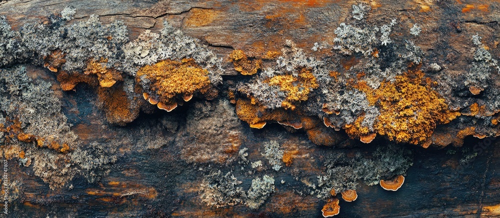 Poster close-up of weathered log covered in different types of mushrooms and lichens against a natural back