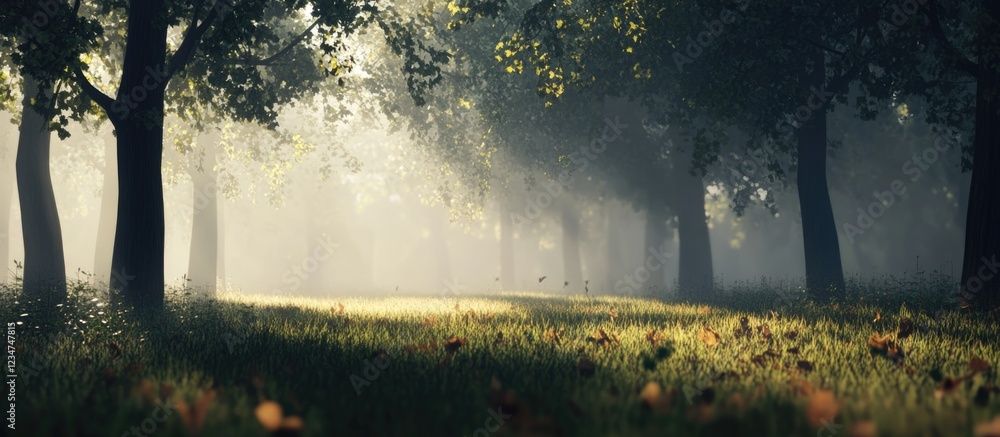 Poster morning fog in a tranquil forest with sunlight filtering through trees and a pathway creating natura