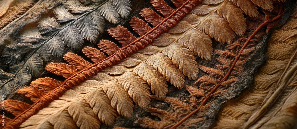 Poster detailed close-up of intricately designed natural foliage patterns in various earthy tones with copy