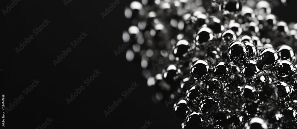 Poster close-up of shimmering metallic bubbles on a black background with copy space