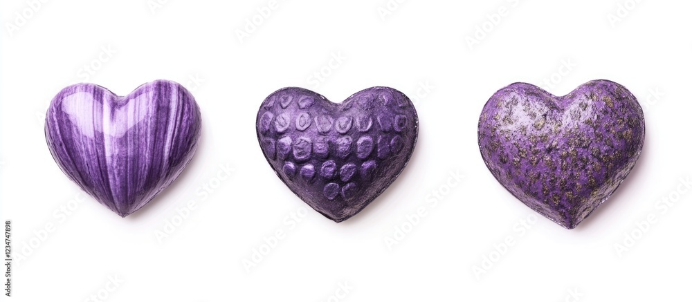 Poster purple heart-shaped candies with varied textures arranged in a row on a white background with copy s