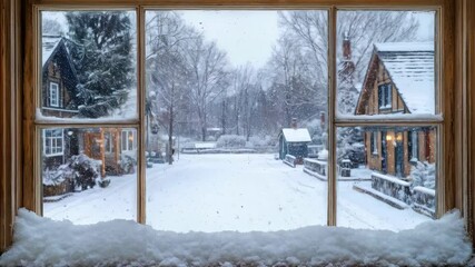 Cozy winter cottage scene through falling snow with warm interior light