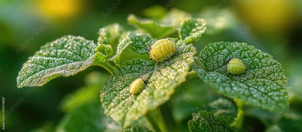 Poster close-up of green leaves with dewdrops and unique yellow insect larvae distinctive textures and patt