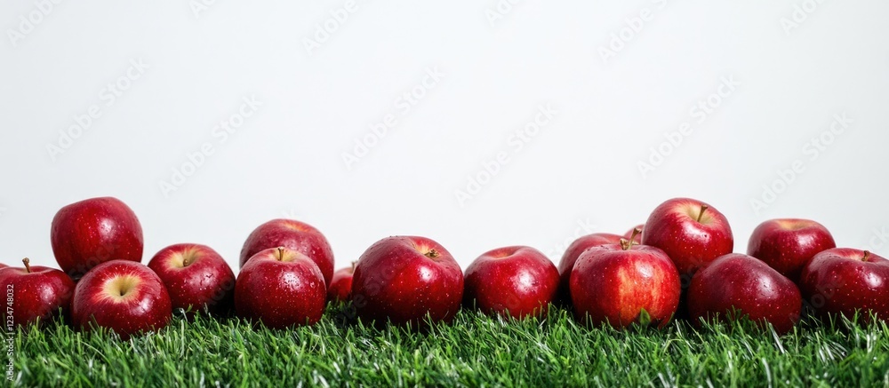 Poster red apples arranged on green grass with plain white background and ample copy space for text placeme