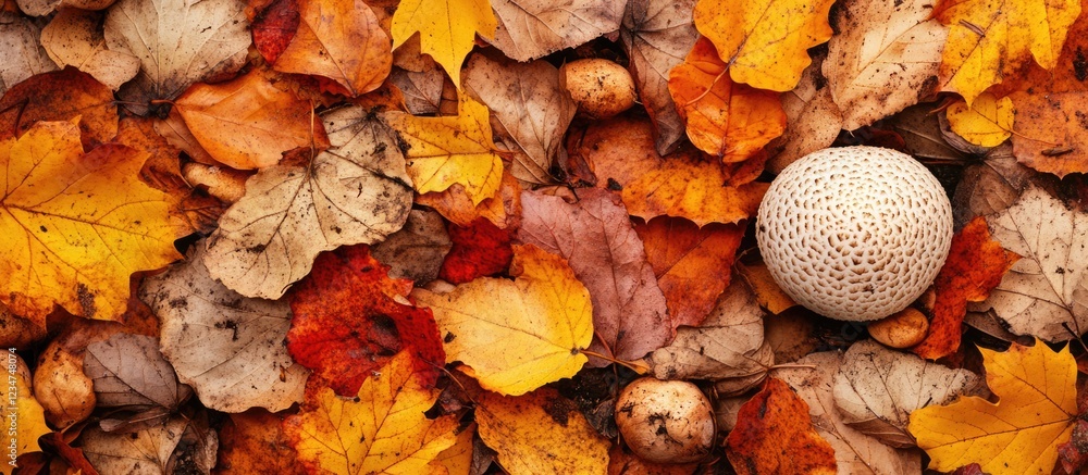 Poster autumn leaves and a single textured mushroom on a colorful forest floor with copy space for text