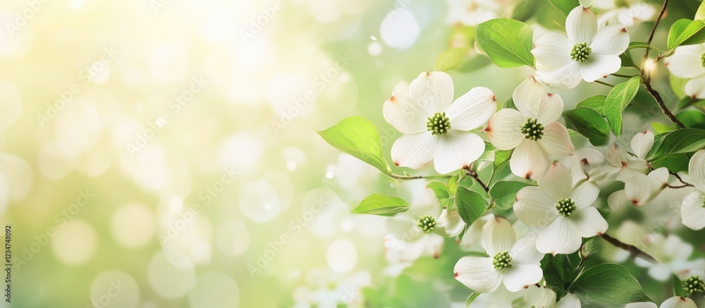 Poster dogwood flowers in springtime with soft bokeh background and copy space for text