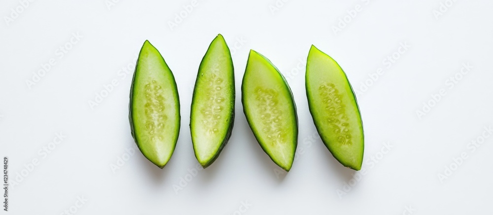 Poster fresh cucumber slices arranged on a white background with ample copy space for text.