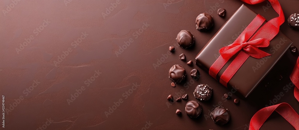 Aufkleber chocolate gift box with red ribbon and assorted chocolates on a dark wooden surface with copy space 