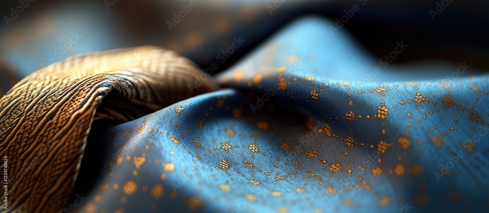 Aufkleber close-up of textured fabric with blue and gold patterns showcasing intricate details and soft folds 
