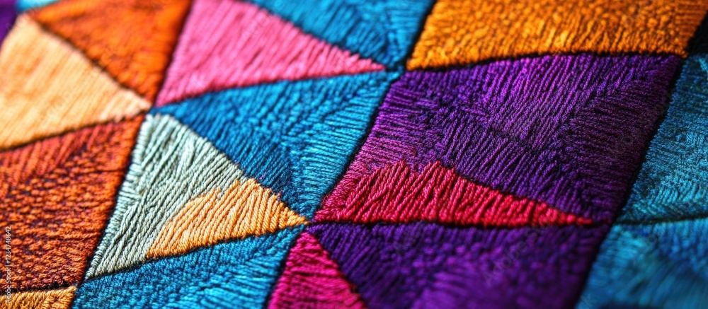 Poster vibrant multicolored textile pattern with intricate embroidery details showcasing geometric shapes a