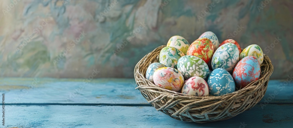 Poster colorful easter eggs in a woven basket on a rustic wooden surface with soft blurred background and a