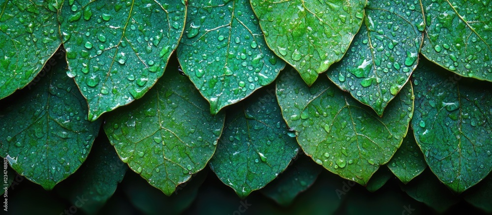 Poster green leaves with water droplets arranged in a layered pattern on a dark background ideal for nature