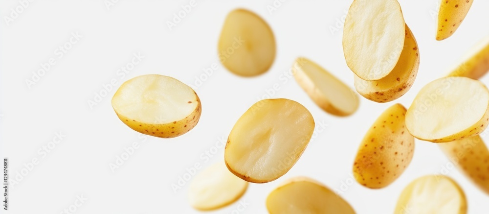 Poster close-up of floating potato seeds with neutral background and copy space for text placement