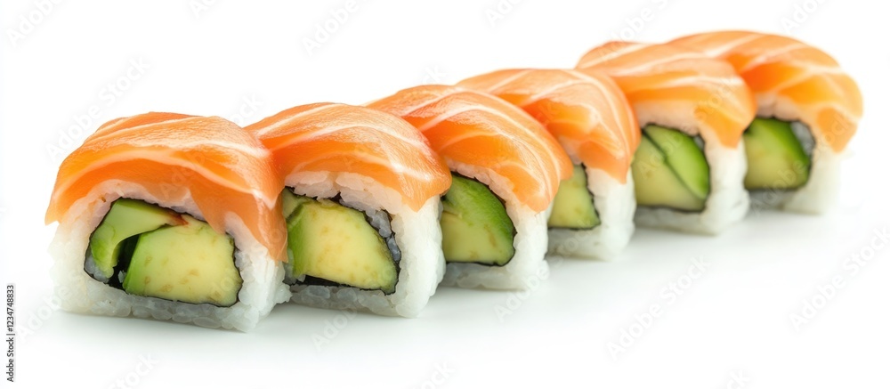 Poster sushi rolls with salmon and avocado arranged in a row on a white background with copy space