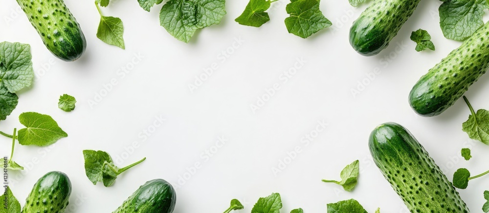 Poster fresh cucumbers and green leaves arranged in a circular pattern on a white background with copy spac