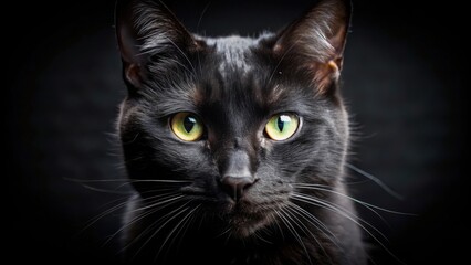 A black cat with piercing yellow eyes stares intently at the camera, its whiskers twitching with anticipation.